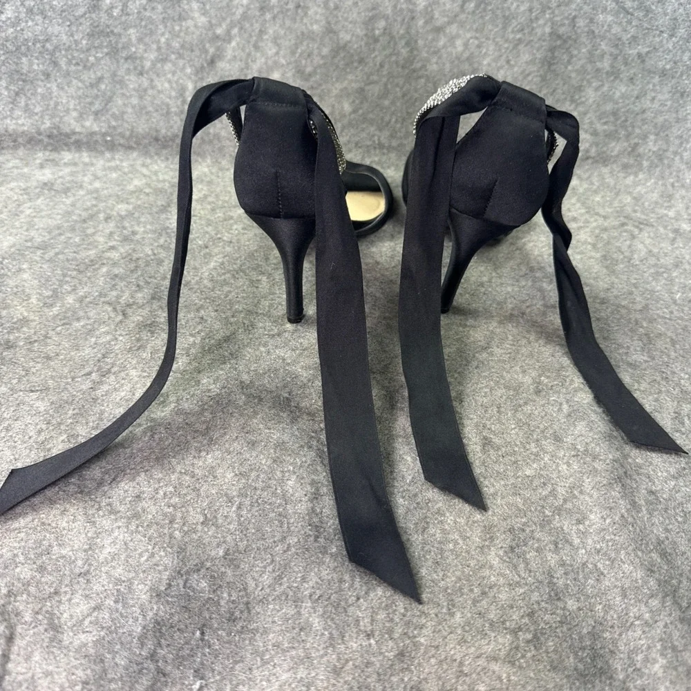 Nina New York Black Satin Rhinestone Ankle Tie Stiletto Sandals Womens 8.5 M